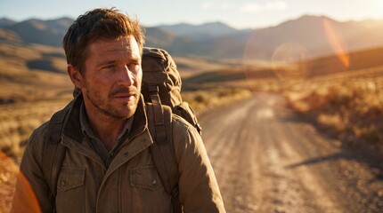 A determined explorer walks through a rugged landscape, carrying a backpack, with a sense of purpose and adventure, capturing the spirit of exploration and resilience.