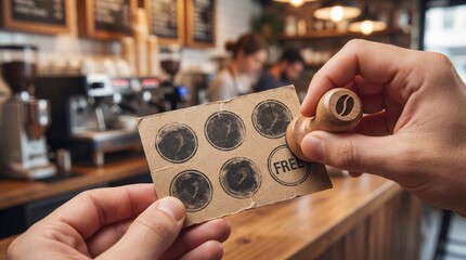 Hands are holding a coffee card, stamps showing the word 'FREE' on a small piece of brown card, set against the blurry backdrop of a coffee shop. 
