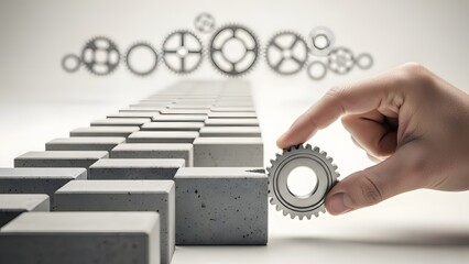 Concrete blocks arranged in rows with blurred gear symbols. Industrial process and strategic planning. Person placing a silver gear wheel on top of a stone block structure