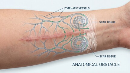 A detailed, annotated medical illustration unveils the intricacies of the human body, focusing on anatomical structures and highlighting scar tissue.