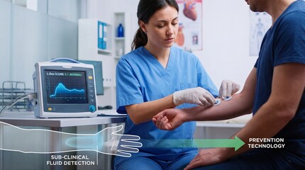 A healthcare professional administering medical treatment to a patient in a sterile clinical environment. The image illustrates medical care.