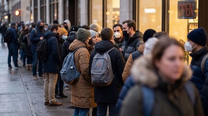 A long queue of people, many wearing face masks, stretches along a city street. The scene evokes a sense of anticipation and a shared experience amidst a backdrop of urban life.