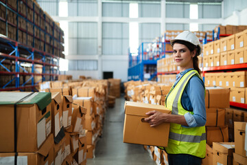 Professional female warehouse worker in safety vest and hard hat holding a cardboard box in a large storage facility. Logistics, inventory management, and industrial supply chain concept.