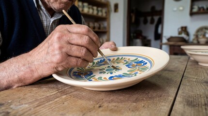 An elderly artisan meticulously paints a ceramic plate with a delicate brush, infusing it with vibrant colors and intricate designs. The hands of artist reveal a craftsman at work.