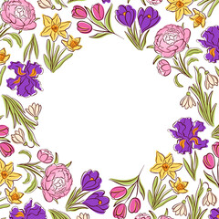 Floral frame with flat style spring flower forming a decorative border. Elegant botanical background for greeting cards, invitations, posters and stationery design.