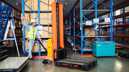 Team warehouse workers using forklift and pallets. Logistics team management, inventory control, and industrial supply chain concept.