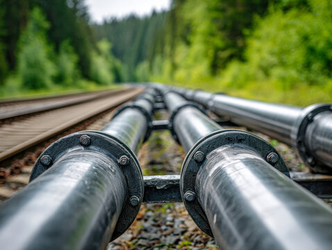 Industrial metal pipelines running parallel to train tracks surrounded by lush green forest capturing a seamless blend of nature and infrastructure maintenance
