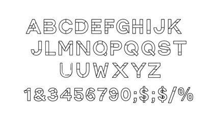 Outline pipe alphabet font letters and numbers isolated on white.