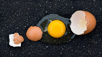 Cracked brown eggshells with bright yellow yolk on dark speckled surface