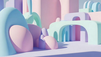 Minimalist 3D architectural abstract with pastel pink, purple, and mint green geometric shapes, arches, and smooth dunes in soft daylight.