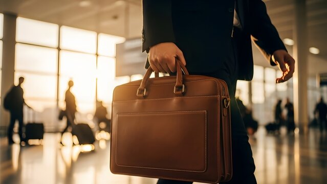 Close up of businessman carrying leather briefcase. Professional work and travel. Man in suit holding brown bag walking through airport terminal during sunset