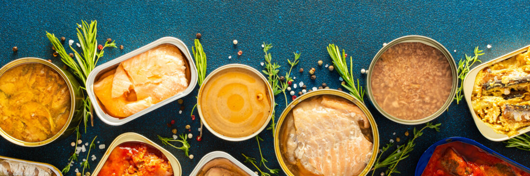 A top view of open tin cans with canned salmon, mackerel, sprat, sardine, tuna, herring, and fish pate, surrounded by spices and herbs on a blue background, banner
