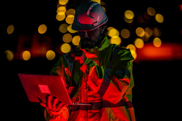 Emergency response technician monitoring critical situation on laptop. Safety officer in red warning light analyzing risk data at dangerous accident scene.