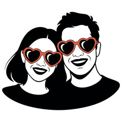 Fototapeta premium Smiling couple wearing heart shaped sunglasses vector illustration for summer romance beach vacation accessories and youthful relationship celebration concepts