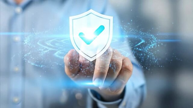 Futuristic digital shield with glowing checkmark activated by human finger on abstract blue