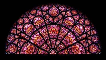 Vibrant stained glass window with intricate floral patterns