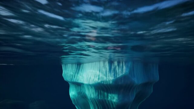 Pristine iceberg floating serenely in deep blue ocean under cloudless sky, camera tracking vertically to split-level view, revealing vast translucent underwater body with golden light rays. Majestic