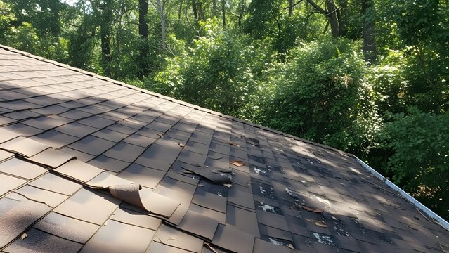 Damaged brown roof with missing shingles surrounded by green trees damaged roof