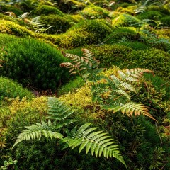 Fototapeta premium Dense, vibrant forest floor covered in lush moss and ferns, illustrating untouched natural beauty and healthy ecosystem growth, vibrant, tropical, flora