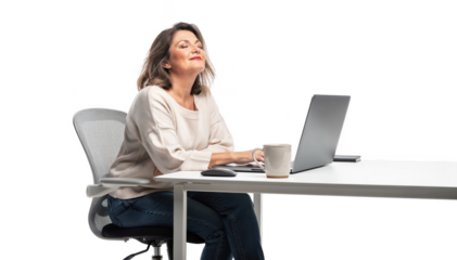 Middleaged woman in casual home office outfit dozing off with head tilted back computer and coffee mug nearby isolated on white workspace background.