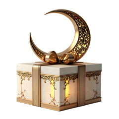 Luxury White Gift Box with Gold Ribbon and Crescent Moon Decoration for Eid al-Fitr and Ramadan Gifting