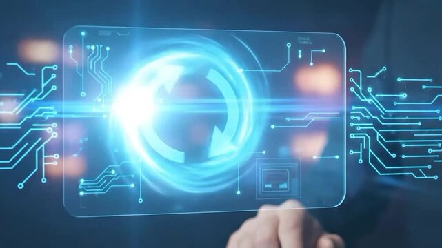 Futuristic holographic interface glowing blue circuit board patterns and a circular arrow refresh