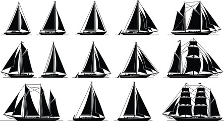 Large Collection of Sailboat Silhouettes Featuring Yacht Models and Sailing Vessels for Maritime Travel, Nautical Design, Ocean Transportation Projects, and Professional Vector Illustration Elements