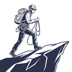 Fototapeta premium Mountain climber standing on sharp rock ledge with rope and backpack