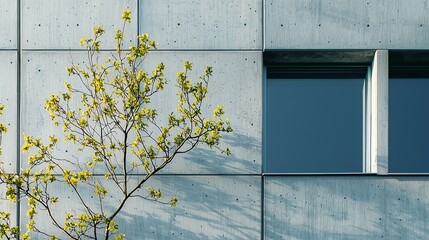 Concrete wall with window and blooming tree branch under clear sky during daytime