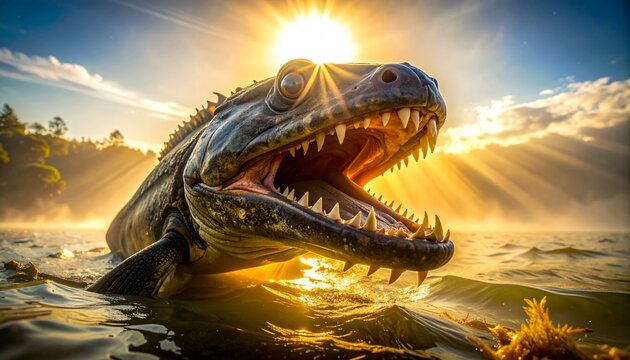 Epic Mosasaurus Emerges from the Depths at Sunset.