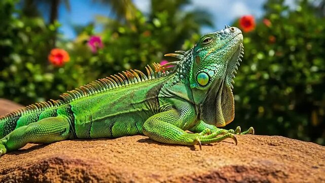 Green Iguana Resting on a Rock with Tropical Foliage Background.