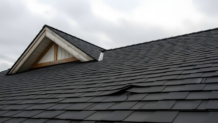 Dark Gray Slate Roof with Small Gabled Dormer Window on Overcast Day slate tiles