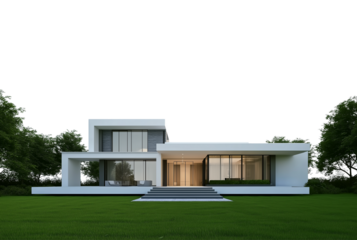 Contemporary White House with Large Windows and Green Lawn isolated on a transparent background