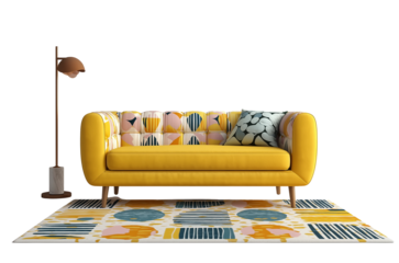 Yellow Sofa with Patterned Upholstery and Geometric Rug isolated on a transparent background