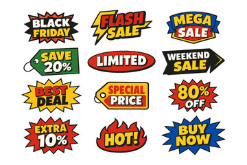 Obraz premium Colorful sale badges featuring black friday, flash sale, mega deal, and special offers
