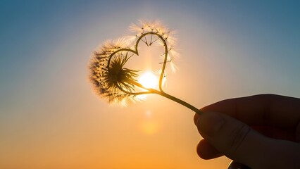 Love and nature appreciation concept. Romantic sunset atmosphere and kindness. Human hand holding a dandelion stem shaped like a heart against a bright setting sun