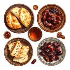 Traditional Ramadan Iftar Meal Composition Featuring Dates, Fresh Bread, and Tea on Clay Plates