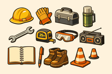 Construction tools and equipment icons set including hard hat and safety gear