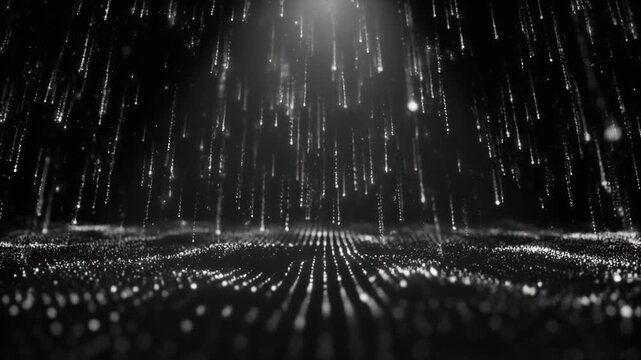 A futuristic digital landscape with binary code raining down, illuminated by a bright light source from above.