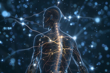 Human body with glowing neural network connections and sparks