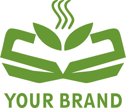 Green organic book and coffee logo combining an open book with leaf shapes and rising steam