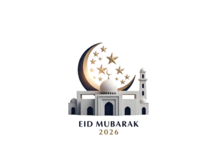 Eid Mubarak 2026 Mosque with Golden Crescent Moon and Stars Isolated on Transparent Background