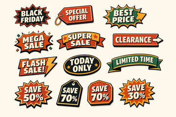 Naklejka premium Colorful sale tags: black friday, discounts, and limited time offers