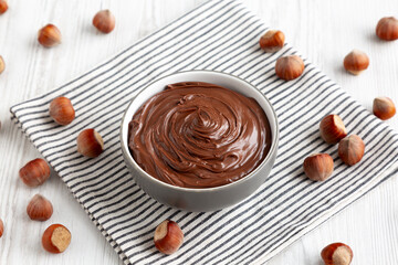 Delicious Homemade Chocolate Hazelnut Spread in a Bowl, side view.