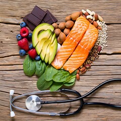 Healthy food and stethoscope on wooden table for medical nutrition concept