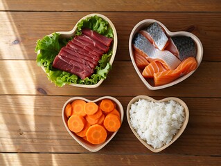 Heart shaped bowls of healthy food on wooden table