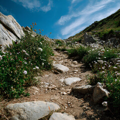 Top down view of narrow mountain trail bordered by wild herbs and stones with soft sunlight and hints of clear sky creating a calm natural scene
