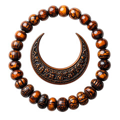 Ornate Metallic Crescent Moon Charm Surrounded by Traditional Wooden Prayer Beads, Islamic Spiritual Symbol Isolated on White