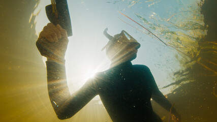 River spearfishing. Woman with speargun swims underwater in the murky river and explores area full of underwater plants