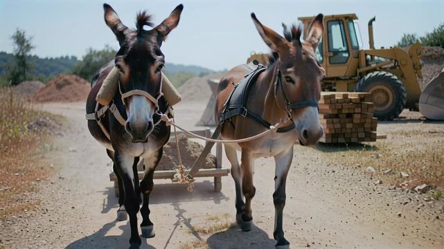 Animals carrying goods, Donkeys pull wooden carts filled with construction materials through rural areas, Farm animals haul building supplies along dusty rural paths with steady strength and effort